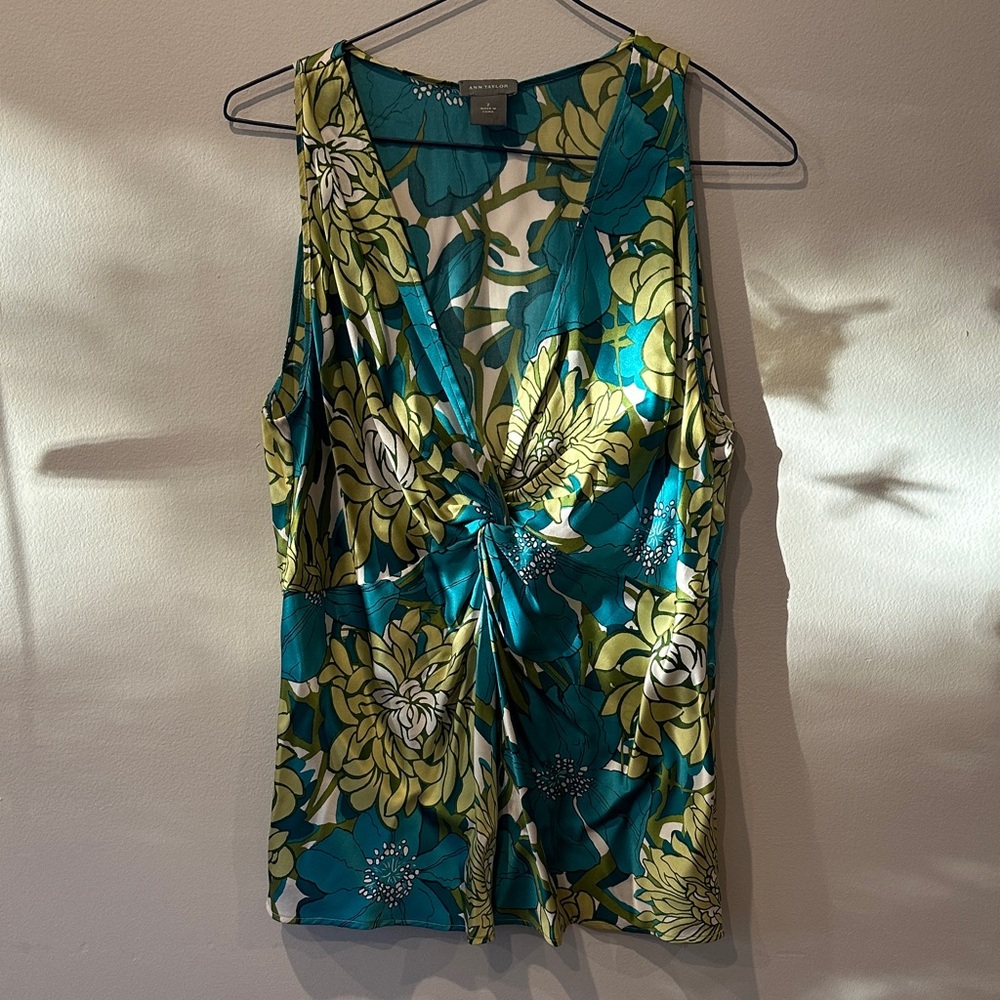 Ann Taylor Silk Floral V-Neck Blouse - Teal and Olive